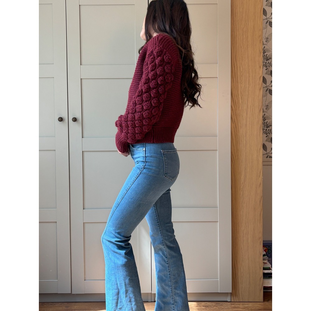 Harper Heritage Burgundy Popcorn Bubble Sleeve Mock Neck Chunky Knit Sweater